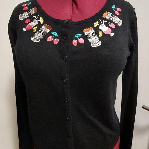 Collectif Sweaters - COLLECTIF Women’s 100% Acrylic Black Tiki Cocktail Designs Button Down Cardigan